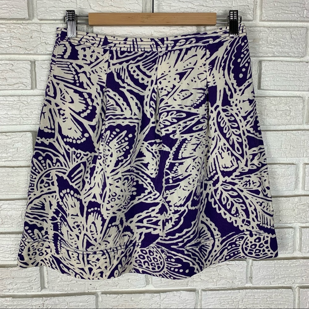Loft Linen Blend Mini Skirt Size 2 Pleated Purple Ivory Back Zipper